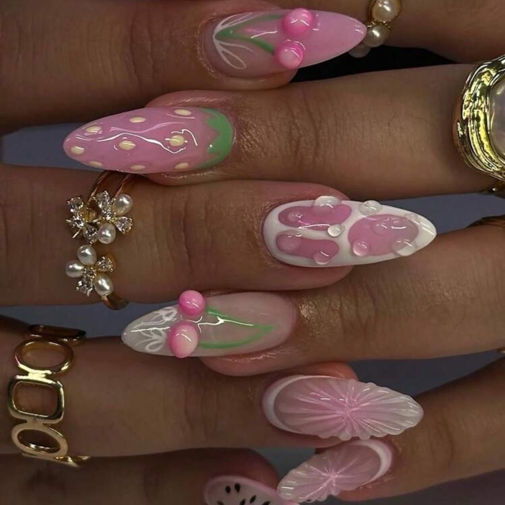 10Pcs Press On Nails Medium Almond Fake Nails Glossy Pink Summer Fruit